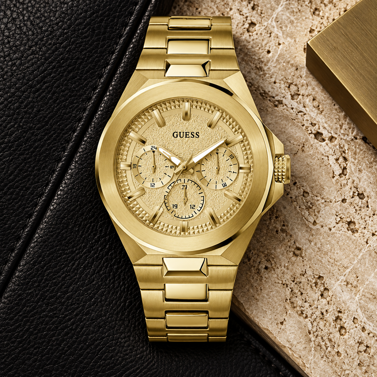GUESS Men's Dashboard Gold-Tone Multi-function Watch – Dashboard, Champagne textured multi-function dial, Gold-tone recycled-steel bracelet with pilot clasp, 46 mm – GW0798G2 – image 4