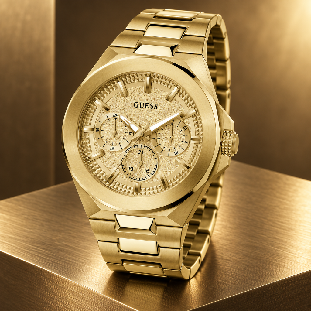 GUESS Men's Dashboard Gold-Tone Multi-function Watch – Dashboard, Champagne textured multi-function dial, Gold-tone recycled-steel bracelet with pilot clasp, 46 mm – GW0798G2 – image 5