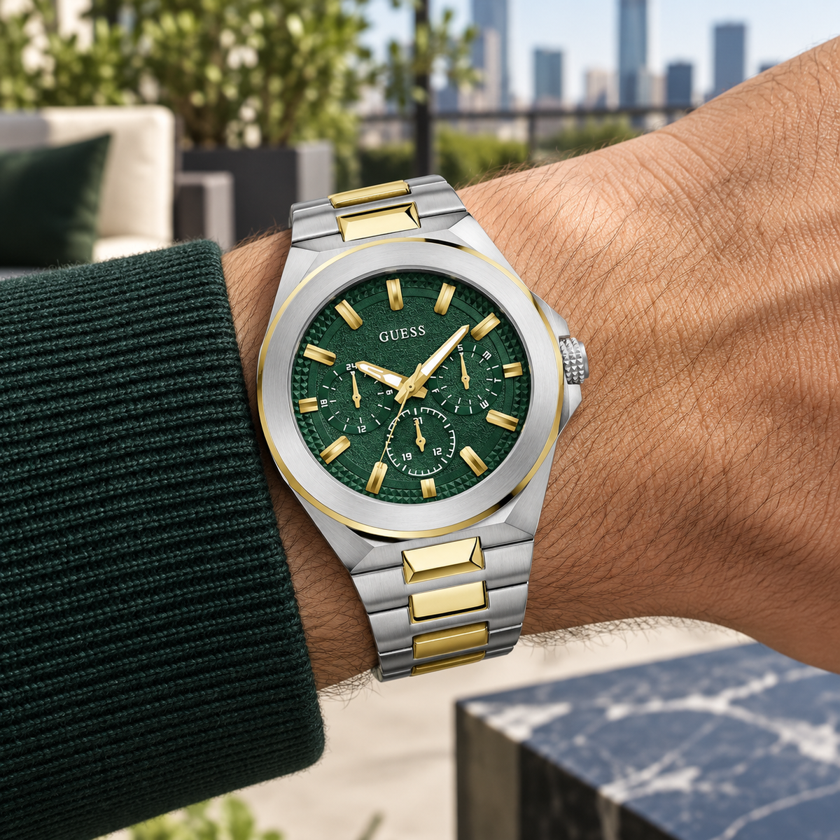 GUESS Mens 2-Tone Multi-function Watch – Dashboard, Green textured multi-function dial, Two-tone recycled-steel bracelet, 46 mm – GW0798G3 – image 1