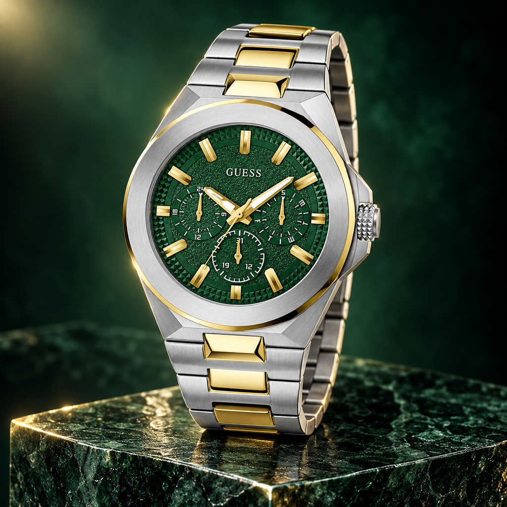 GUESS Mens 2-Tone Multi-function Watch – Dashboard, Green textured multi-function dial, Two-tone recycled-steel bracelet, 46 mm – GW0798G3 – image 2