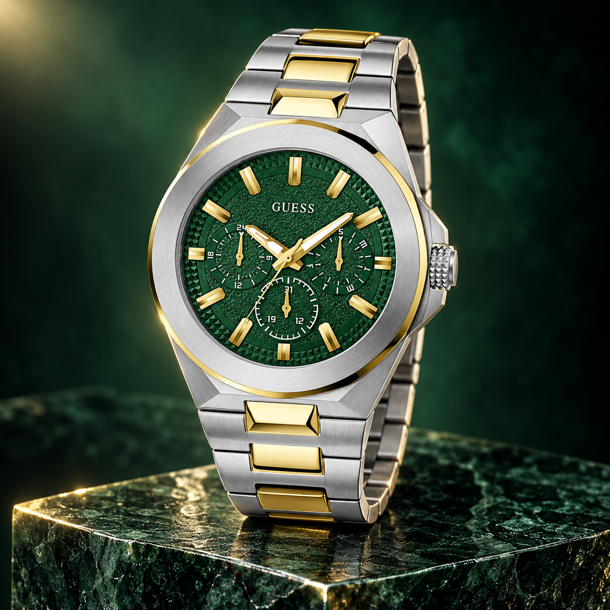 GUESS Mens 2-Tone Multi-function Watch – Dashboard, Green textured multi-function dial, Two-tone recycled-steel bracelet, 46 mm – GW0798G3 – image 2