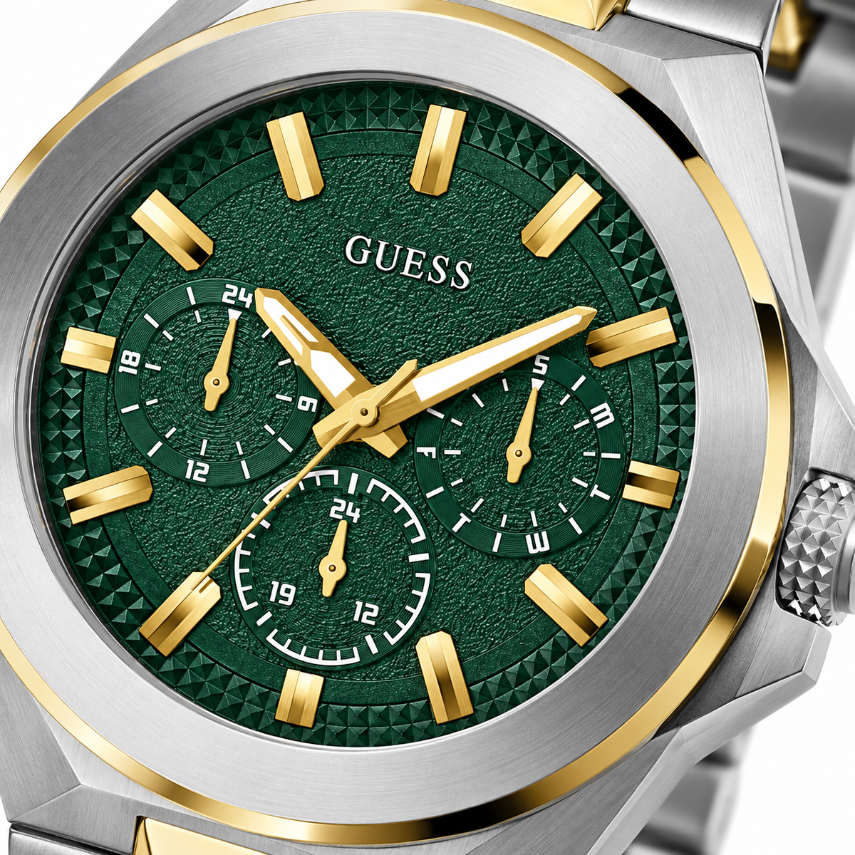 GUESS Mens 2-Tone Multi-function Watch – Dashboard, Green textured multi-function dial, Two-tone recycled-steel bracelet, 46 mm – GW0798G3 – image 3