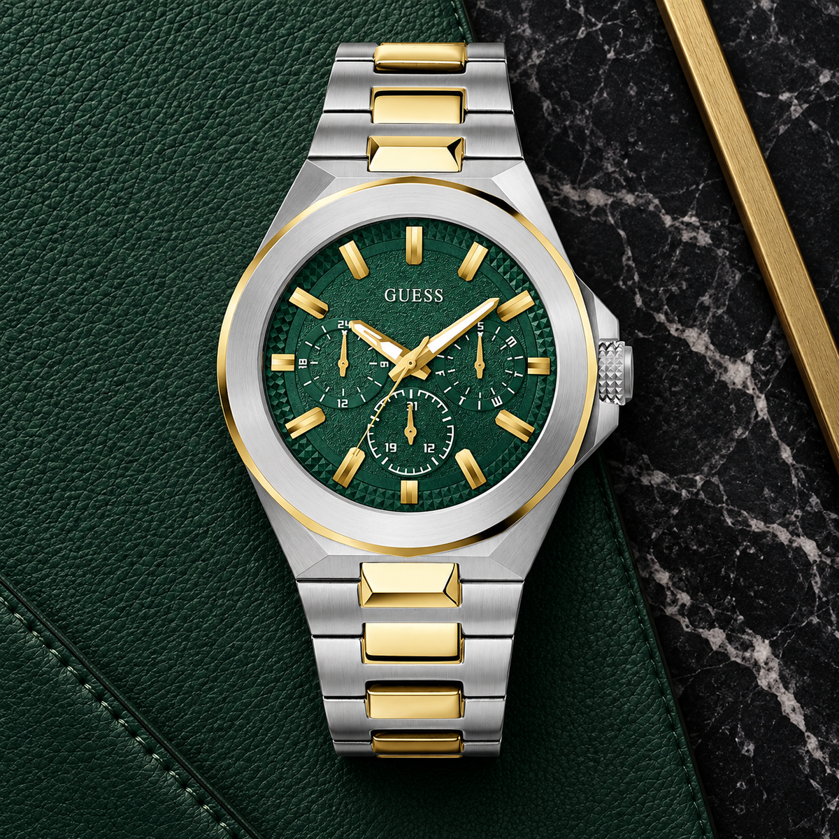 GUESS Mens 2-Tone Multi-function Watch – Dashboard, Green textured multi-function dial, Two-tone recycled-steel bracelet, 46 mm – GW0798G3 – image 4