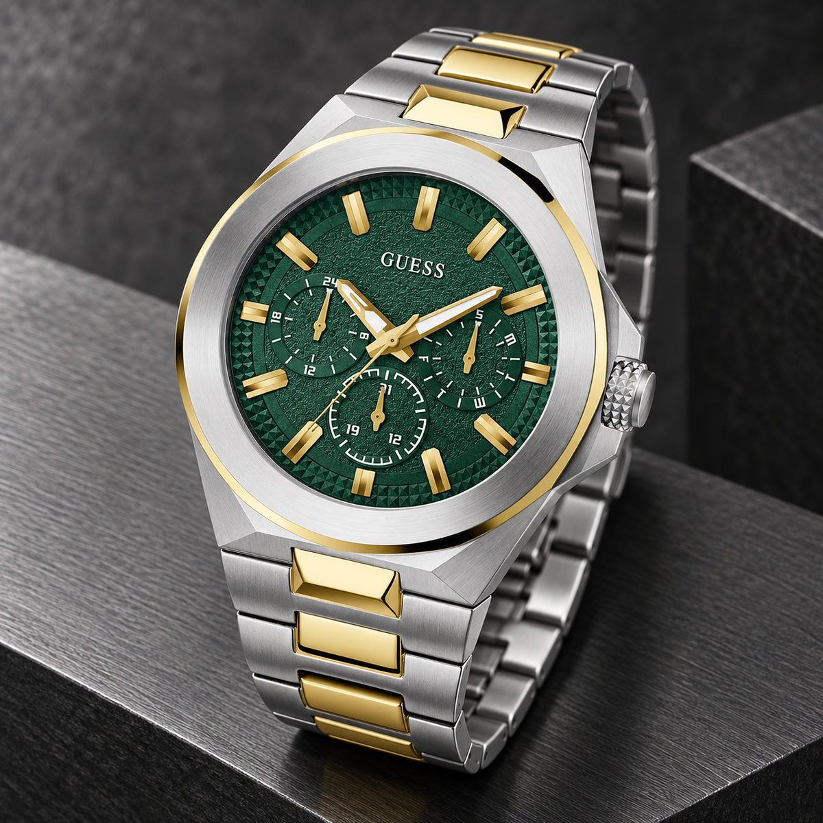 GUESS Mens 2-Tone Multi-function Watch – Dashboard, Green textured multi-function dial, Two-tone recycled-steel bracelet, 46 mm – GW0798G3 – image 5