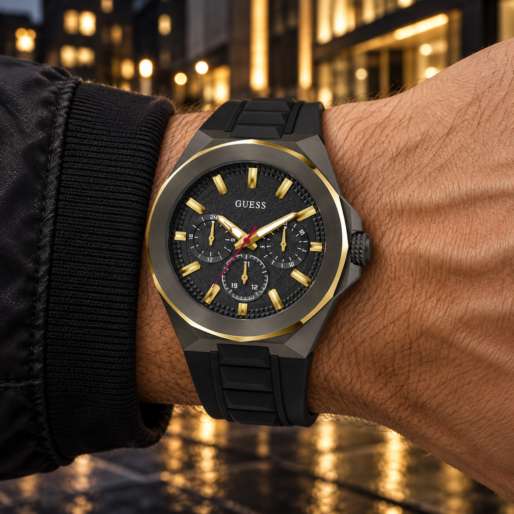 GUESS Mens Black 2-Tone Multi-function Watch – Dashboard, Black textured multi-function dial, Black and gold-tone stainless-steel bracelet, 46 mm – GW0799G1 – image 1