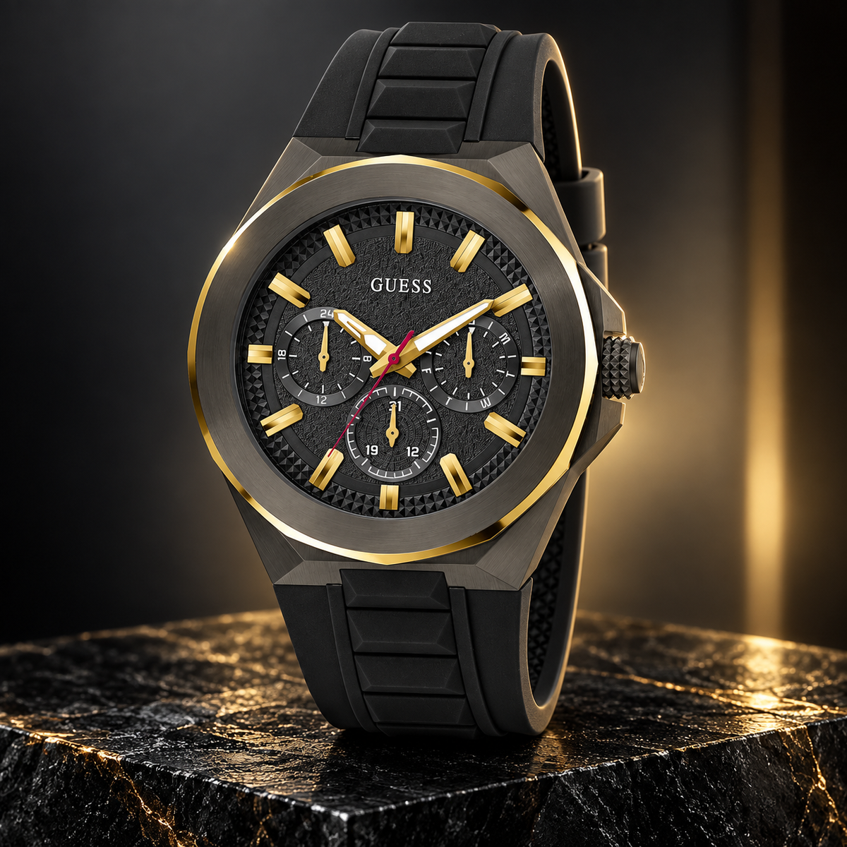 GUESS Mens Black 2-Tone Multi-function Watch – Dashboard, Black textured multi-function dial, Black and gold-tone stainless-steel bracelet, 46 mm – GW0799G1 – image 2