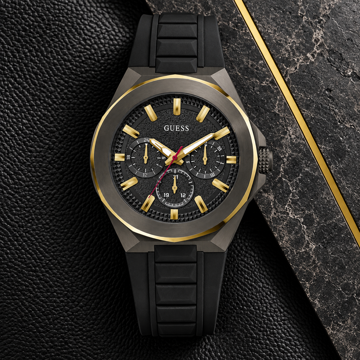 GUESS Mens Black 2-Tone Multi-function Watch – Dashboard, Black textured multi-function dial, Black and gold-tone stainless-steel bracelet, 46 mm – GW0799G1 – image 4