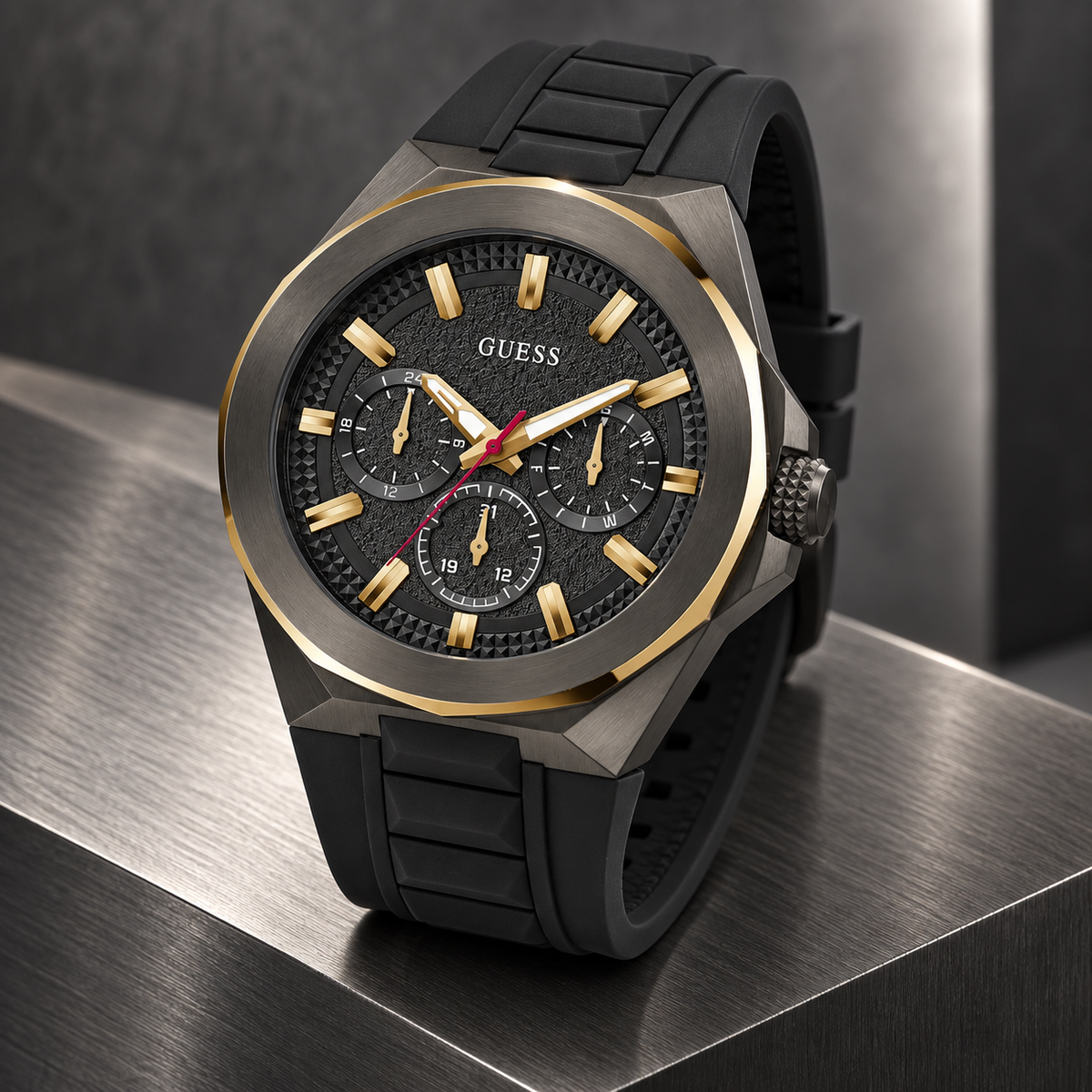GUESS Mens Black 2-Tone Multi-function Watch – Dashboard, Black textured multi-function dial, Black and gold-tone stainless-steel bracelet, 46 mm – GW0799G1 – image 5