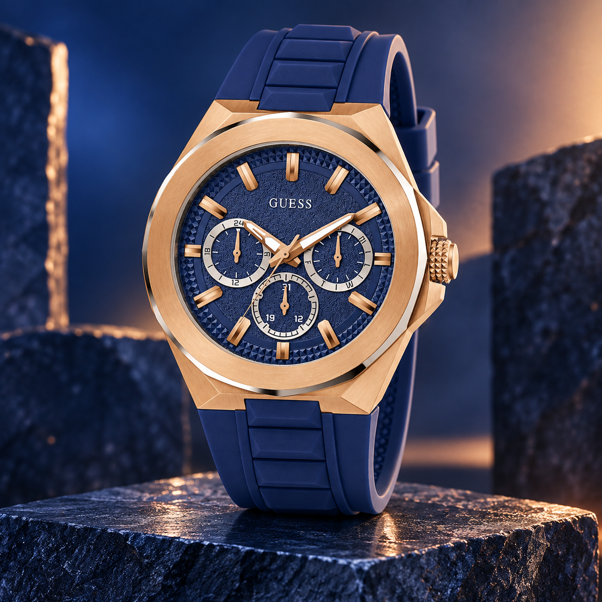 GUESS Mens Blue 2-Tone Multi-function Watch – Dashboard, Blue textured multi-function dial, Blue and silver-tone stainless-steel bracelet, 46 mm – GW0799G2 – image 2