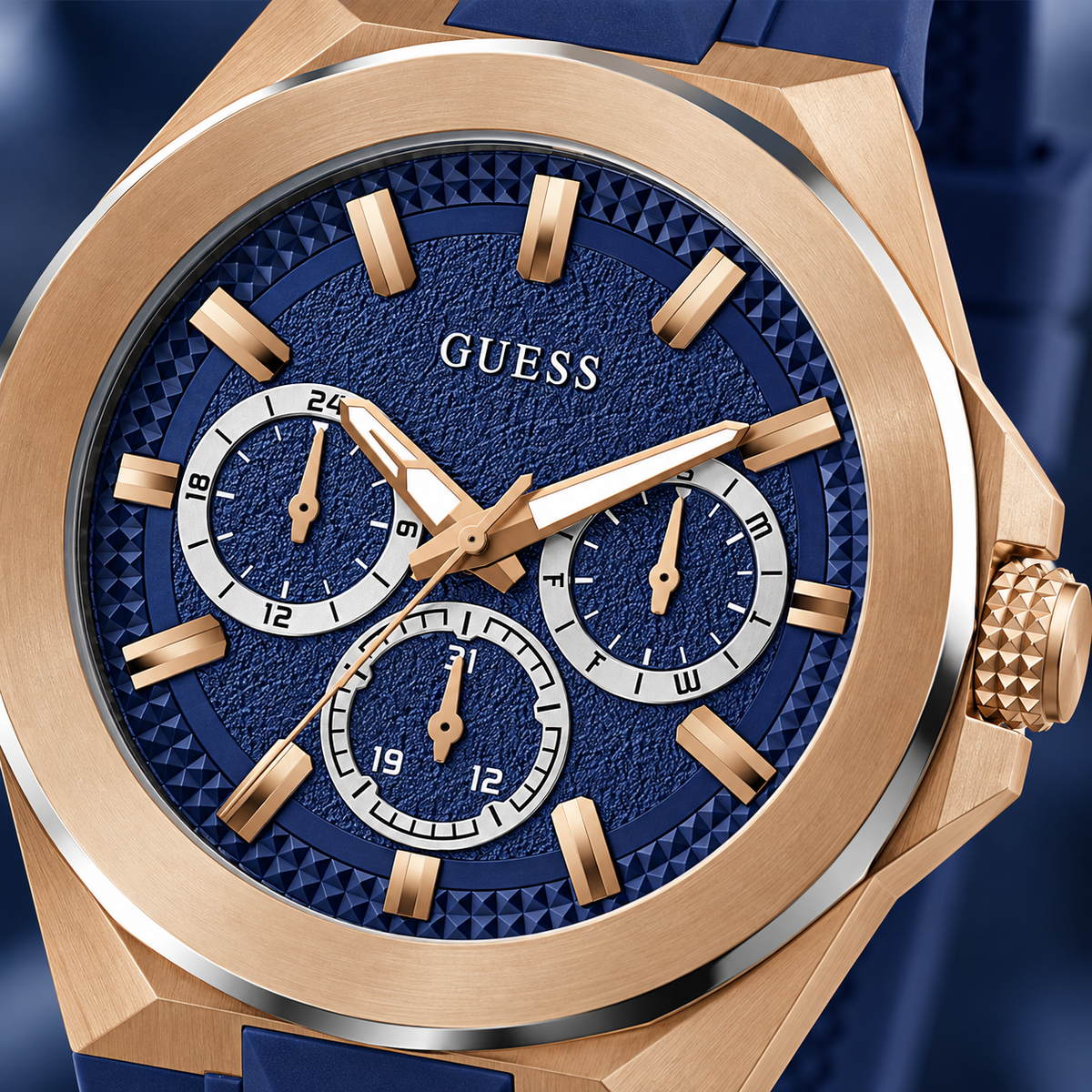 GUESS Mens Blue 2-Tone Multi-function Watch – Dashboard, Blue textured multi-function dial, Blue and silver-tone stainless-steel bracelet, 46 mm – GW0799G2 – image 3