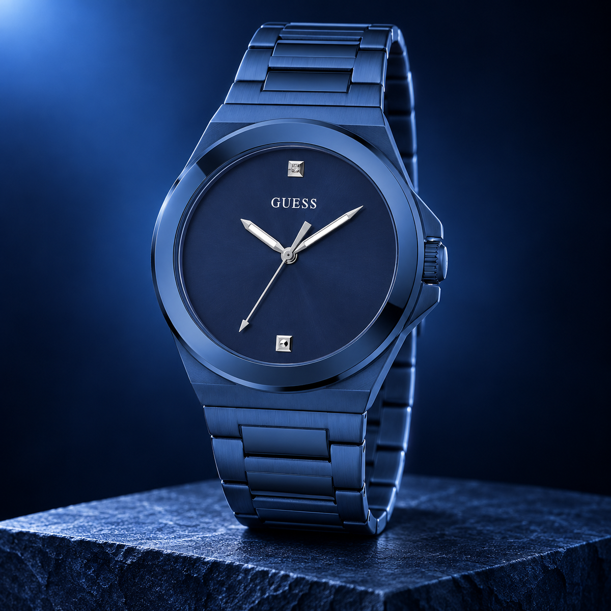 GUESS Mens Blue Analog Watch – Prodigy, Blue sunray dial with genuine diamond marker at 12 o’clock, Blue-tone recycled-steel bracelet, 40 mm – GW0833G1 – image 2