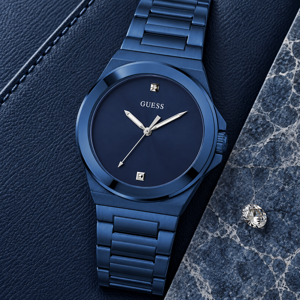 GUESS Mens Blue Analog Watch – Prodigy, Blue sunray dial with genuine diamond marker at 12 o’clock, Blue-tone recycled-steel bracelet, 40 mm – GW0833G1 – image 4