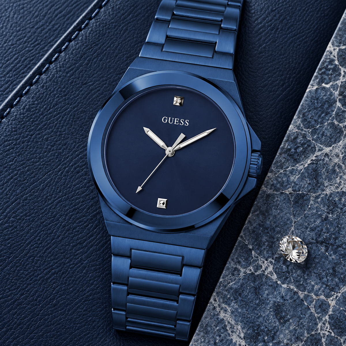GUESS Mens Blue Analog Watch – Prodigy, Blue sunray dial with genuine diamond marker at 12 o’clock, Blue-tone recycled-steel bracelet, 40 mm – GW0833G1 – image 4