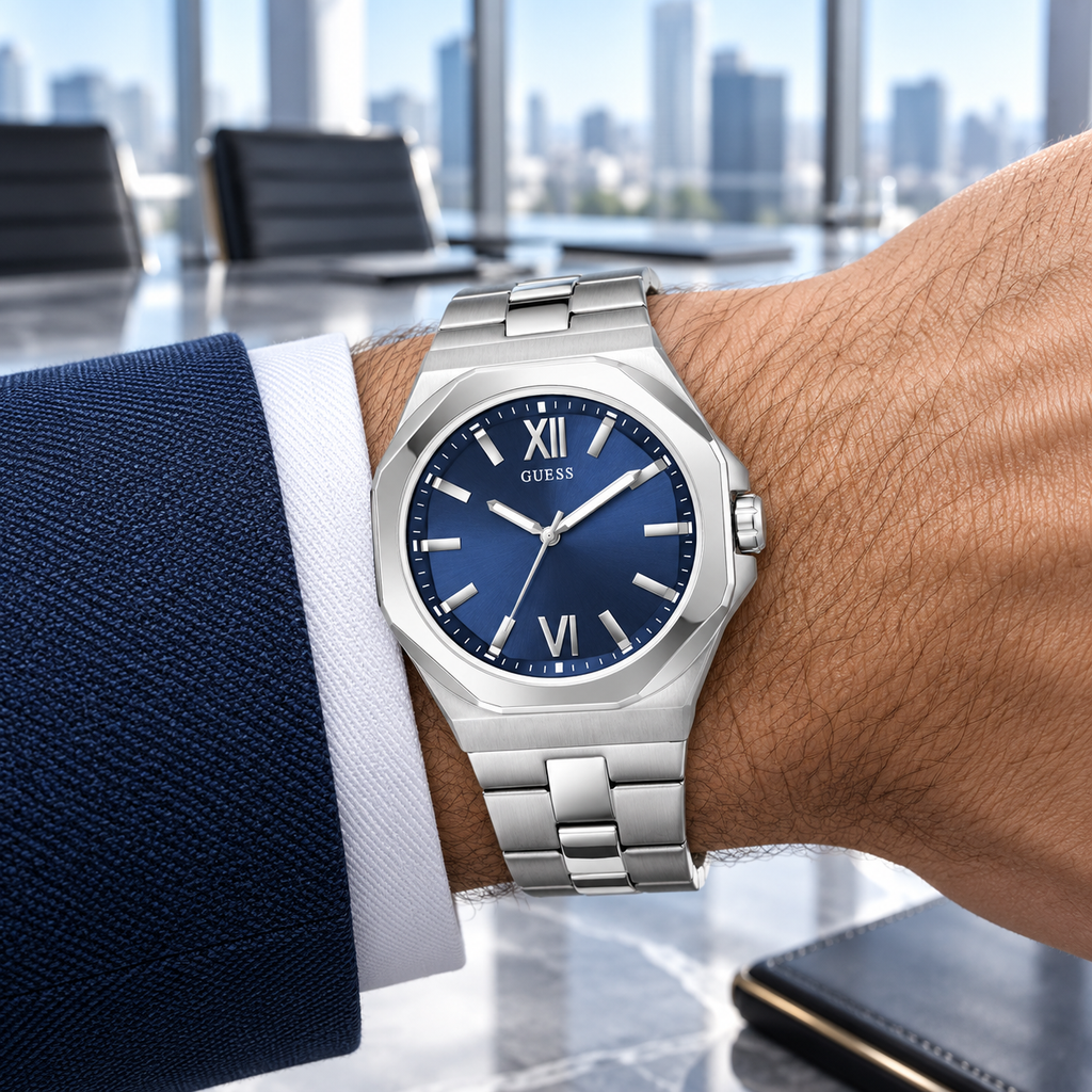 GUESS Mens Silver Tone Analog Watch – Connoisseur, Blue dial with applied markers, Silver-tone brushed and polished stainless-steel bracelet – GW0849G1 – image 1