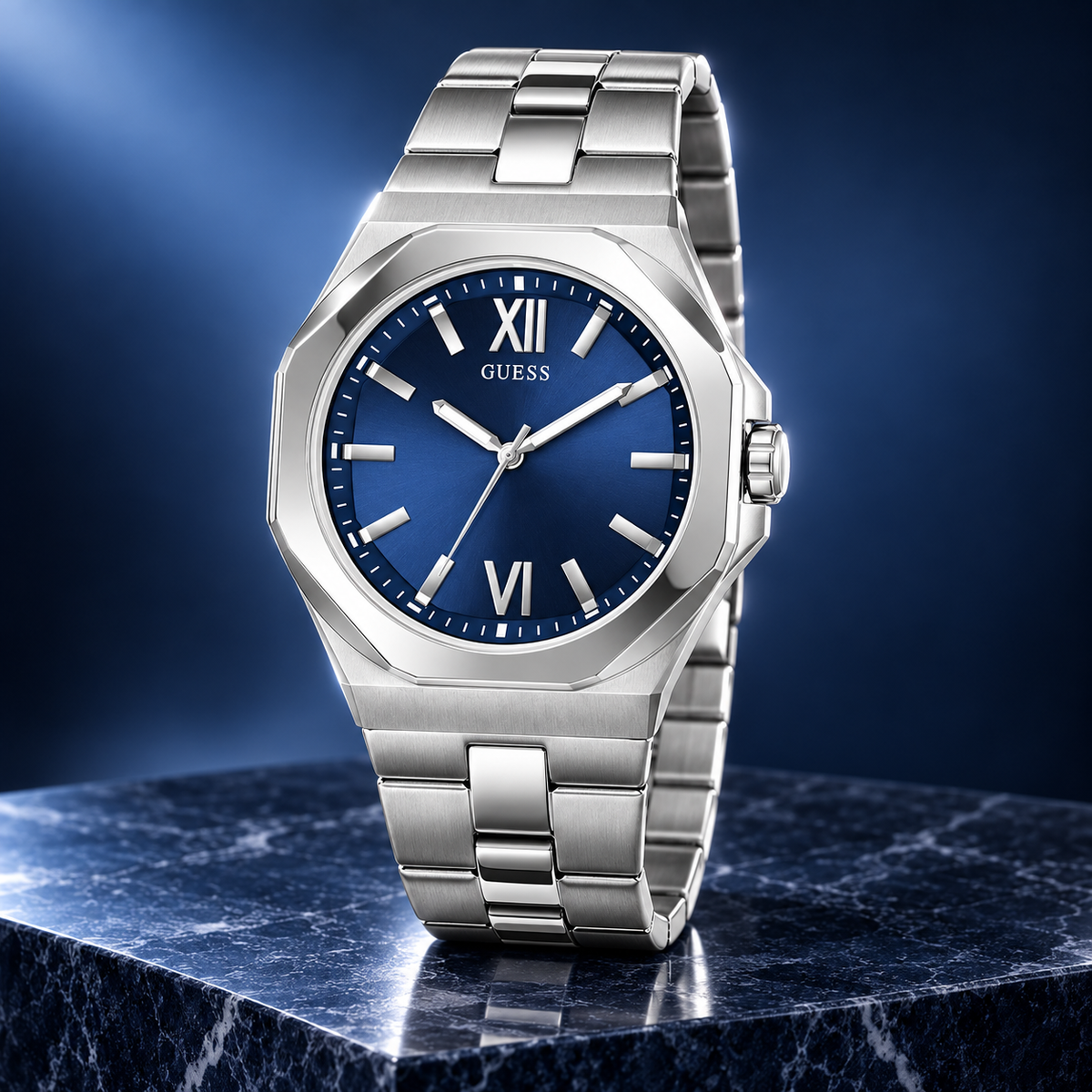 GUESS Mens Silver Tone Analog Watch – Connoisseur, Blue dial with applied markers, Silver-tone brushed and polished stainless-steel bracelet – GW0849G1 – image 2