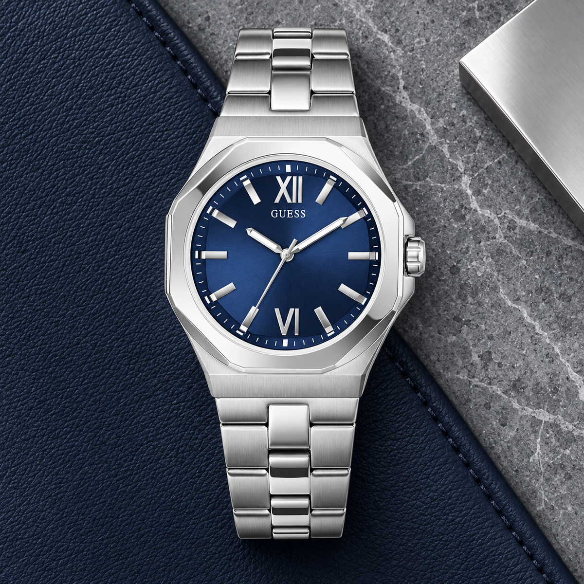 GUESS Mens Silver Tone Analog Watch – Connoisseur, Blue dial with applied markers, Silver-tone brushed and polished stainless-steel bracelet – GW0849G1 – image 4