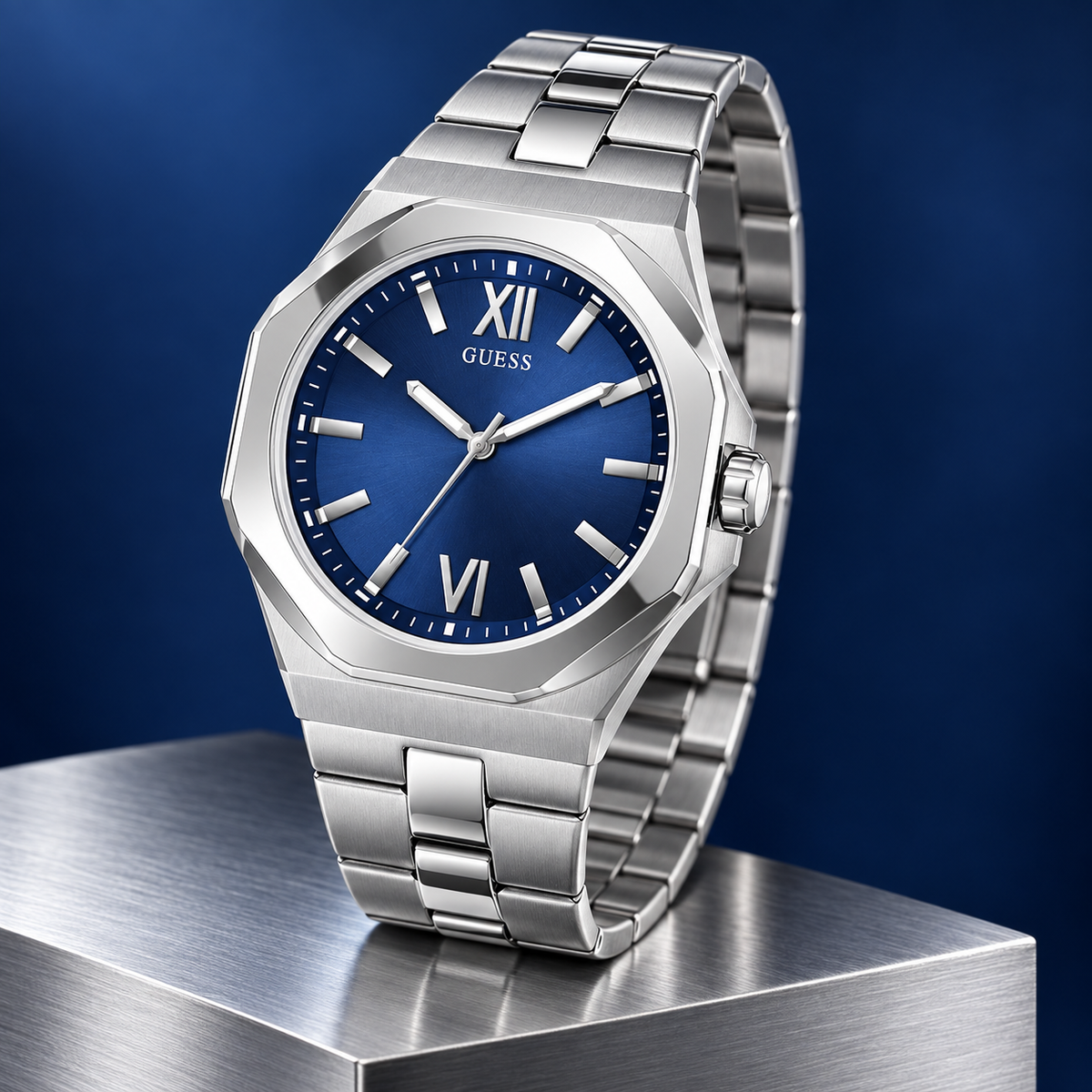GUESS Mens Silver Tone Analog Watch – Connoisseur, Blue dial with applied markers, Silver-tone brushed and polished stainless-steel bracelet – GW0849G1 – image 5