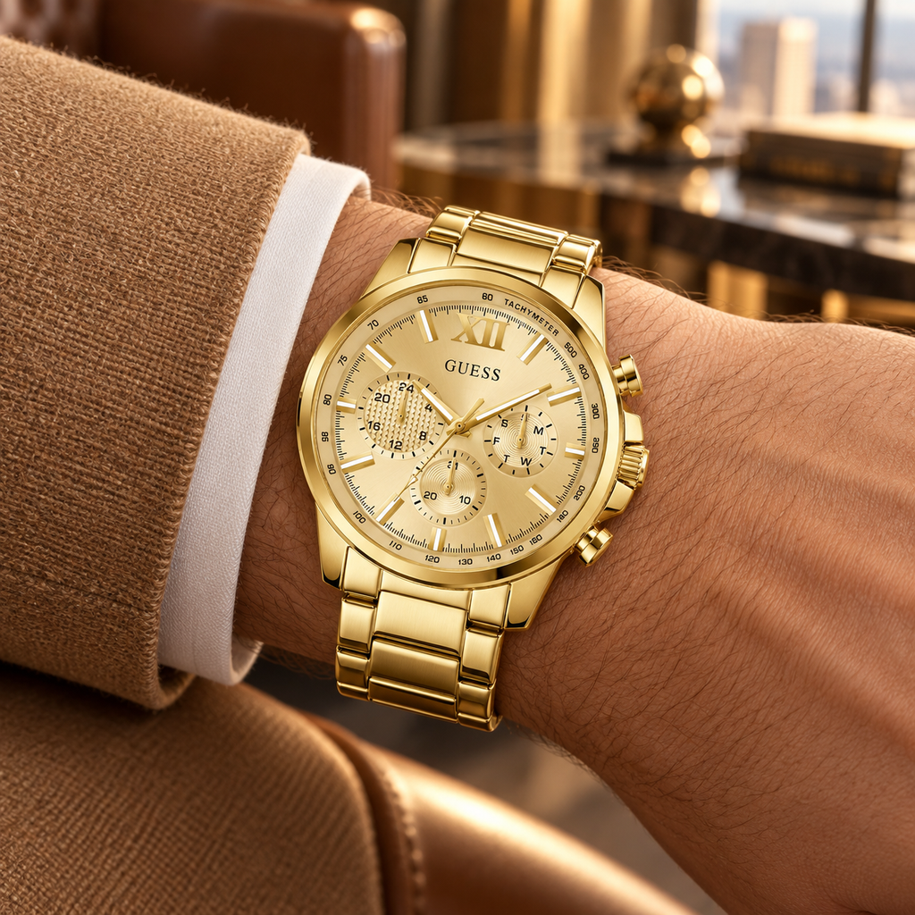GUESS Mens Gold Tone Multi-function Watch – Phoenix, Black chrono-look multi-function dial, Gold-tone recycled-steel bracelet – GW0900G2 – image 1