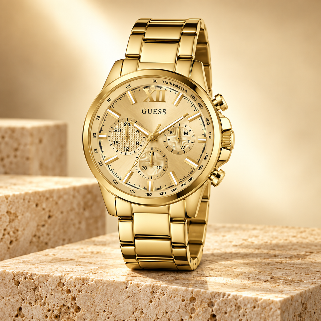 GUESS Mens Gold Tone Multi-function Watch – Phoenix, Black chrono-look multi-function dial, Gold-tone recycled-steel bracelet – GW0900G2 – image 2