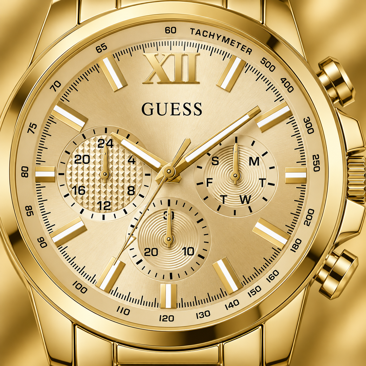 GUESS Mens Gold Tone Multi-function Watch – Phoenix, Black chrono-look multi-function dial, Gold-tone recycled-steel bracelet – GW0900G2 – image 3