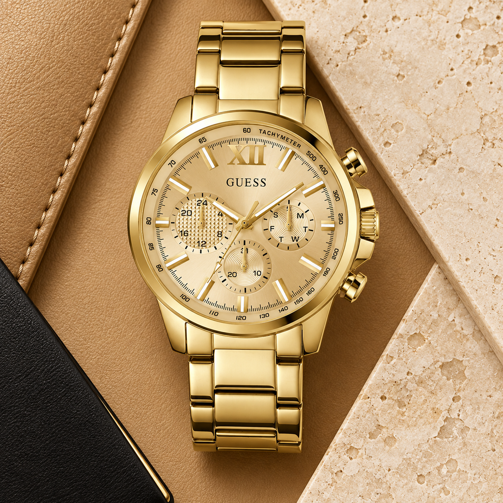 GUESS Mens Gold Tone Multi-function Watch – Phoenix, Black chrono-look multi-function dial, Gold-tone recycled-steel bracelet – GW0900G2 – image 4