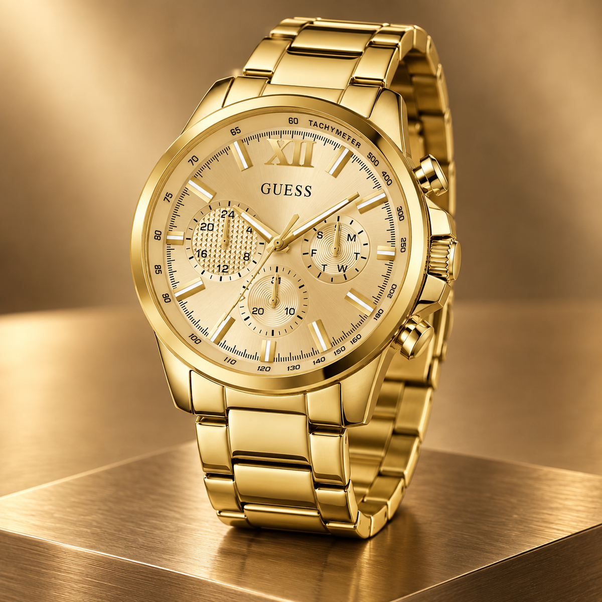 GUESS Mens Gold Tone Multi-function Watch – Phoenix, Black chrono-look multi-function dial, Gold-tone recycled-steel bracelet – GW0900G2 – image 5