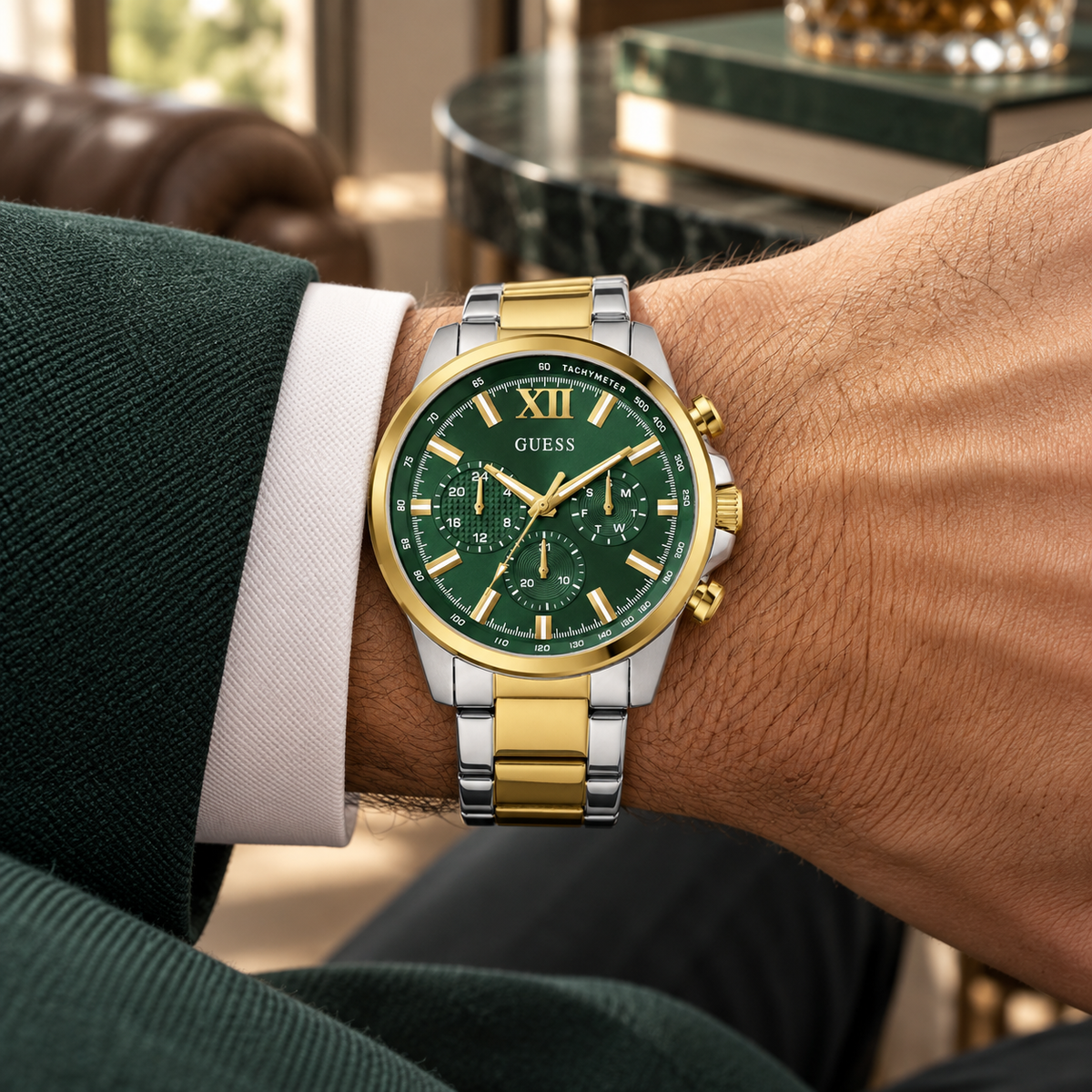 GUESS Mens 2-Tone Multi-function Watch – Phoenix, Green chrono-look multi-function dial, Two-tone recycled-steel bracelet – GW0900G5 – image 1