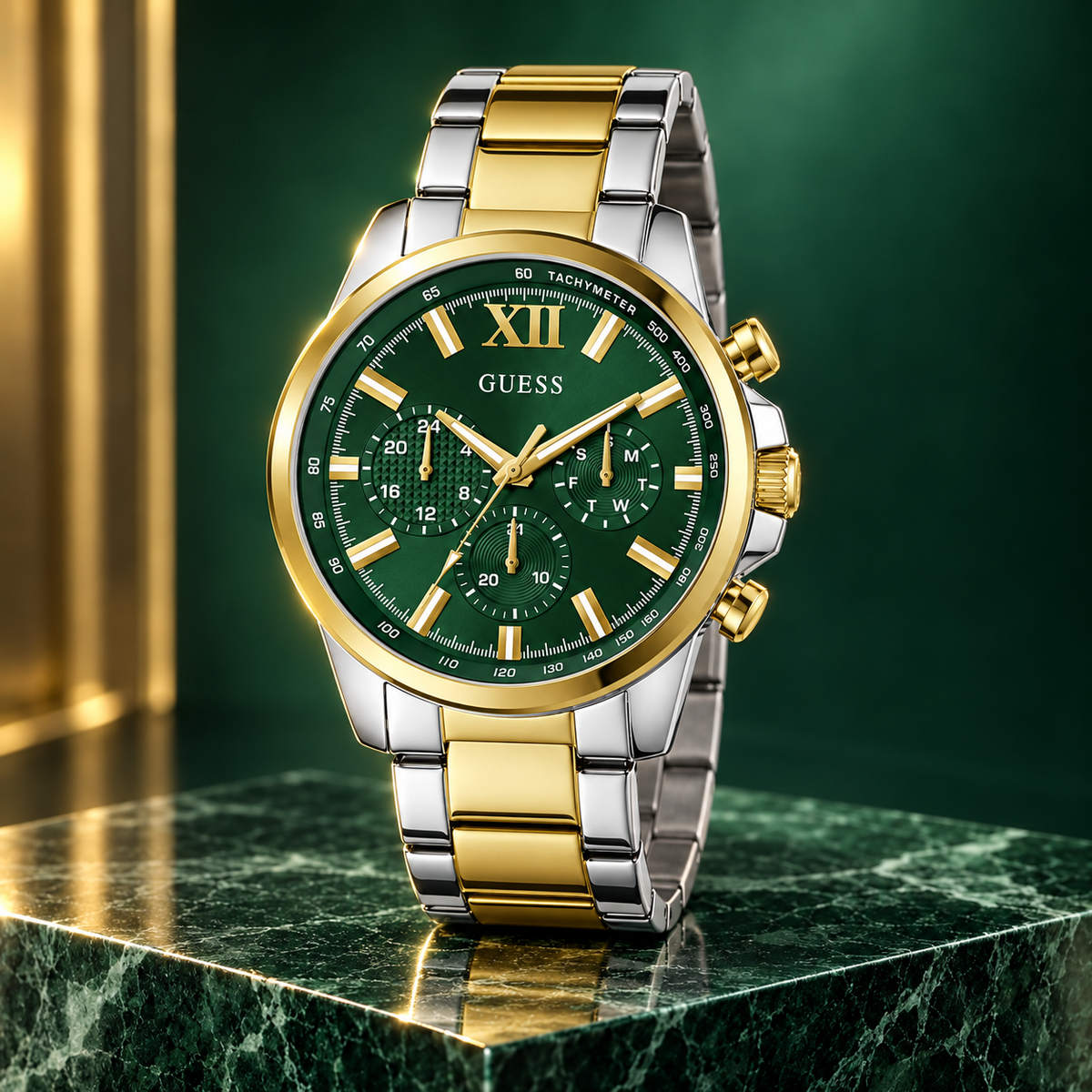 GUESS Mens 2-Tone Multi-function Watch – Phoenix, Green chrono-look multi-function dial, Two-tone recycled-steel bracelet – GW0900G5 – image 2