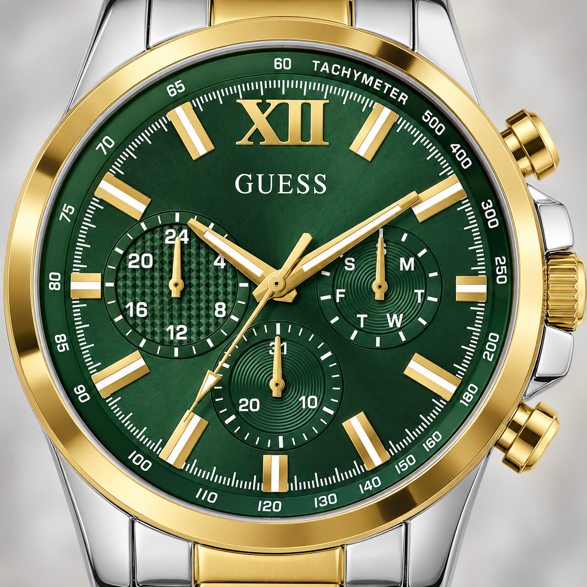 GUESS Mens 2-Tone Multi-function Watch – Phoenix, Green chrono-look multi-function dial, Two-tone recycled-steel bracelet – GW0900G5 – image 3