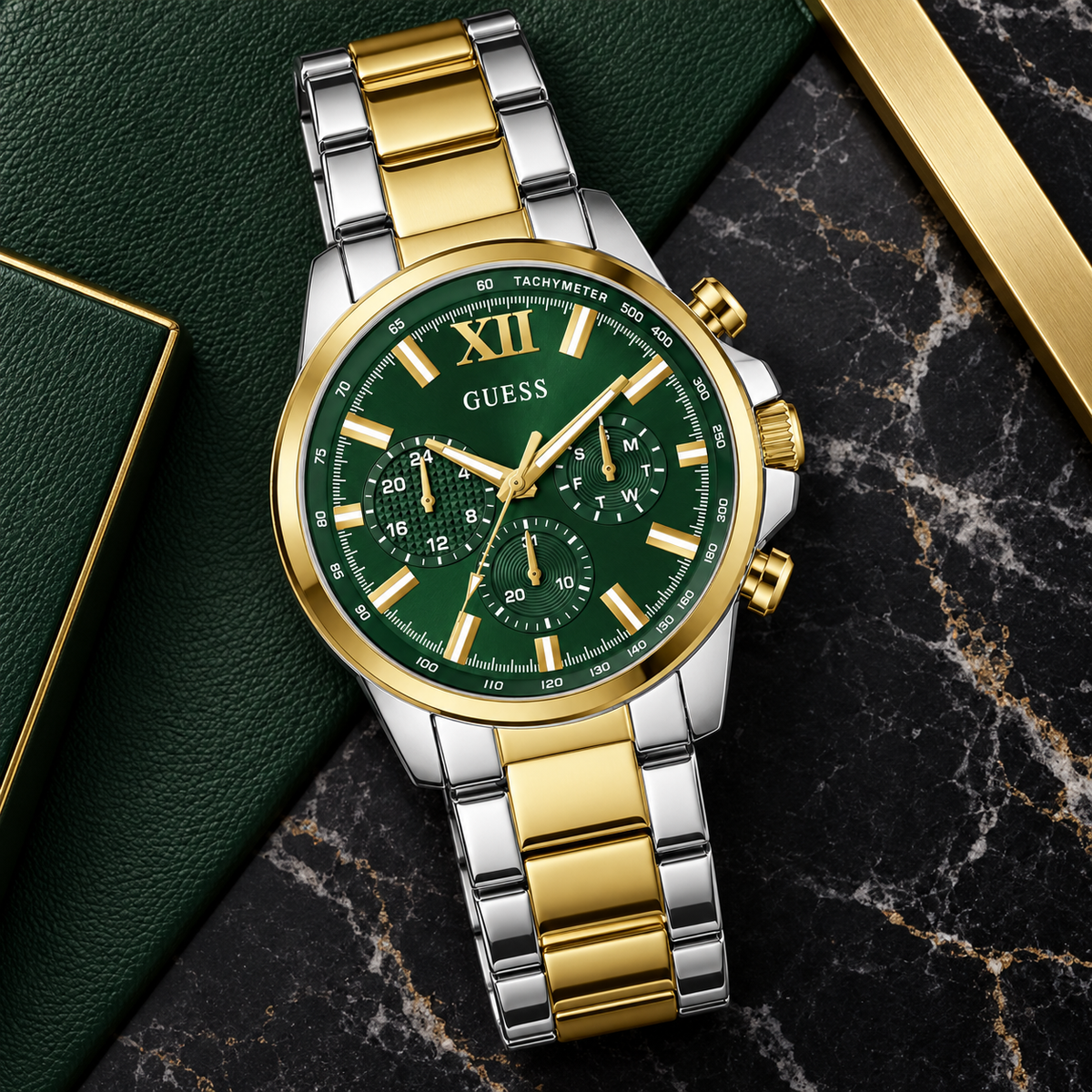 GUESS Mens 2-Tone Multi-function Watch – Phoenix, Green chrono-look multi-function dial, Two-tone recycled-steel bracelet – GW0900G5 – image 4