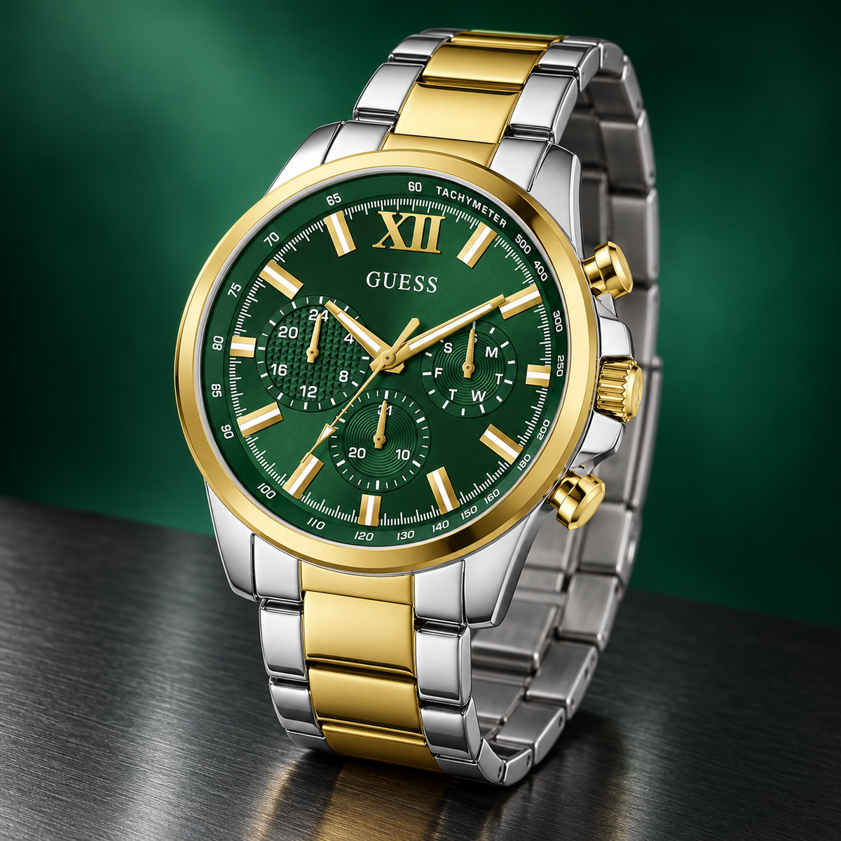 GUESS Mens 2-Tone Multi-function Watch – Phoenix, Green chrono-look multi-function dial, Two-tone recycled-steel bracelet – GW0900G5 – image 5