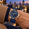 GUESS Mens Blue Rose Gold Tone Multi-function Watch – Phoenix, Blue chrono-look multi-function dial, Blue silicone strap – GW0913G1 – image 1