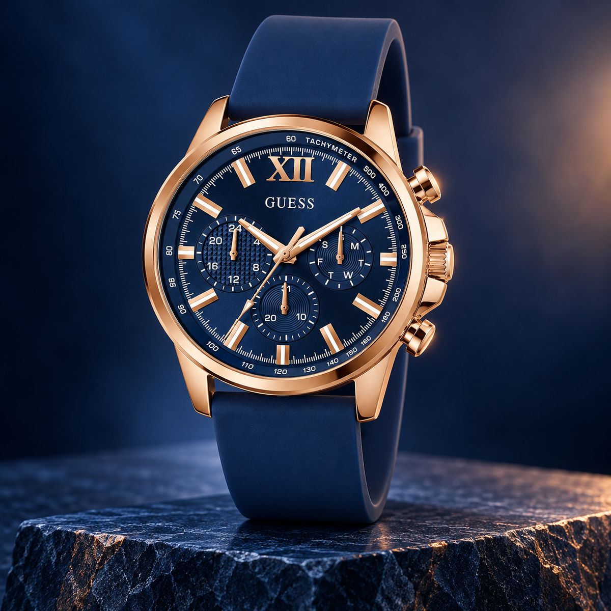 GUESS Mens Blue Rose Gold Tone Multi-function Watch – Phoenix, Blue chrono-look multi-function dial, Blue silicone strap – GW0913G1 – image 2