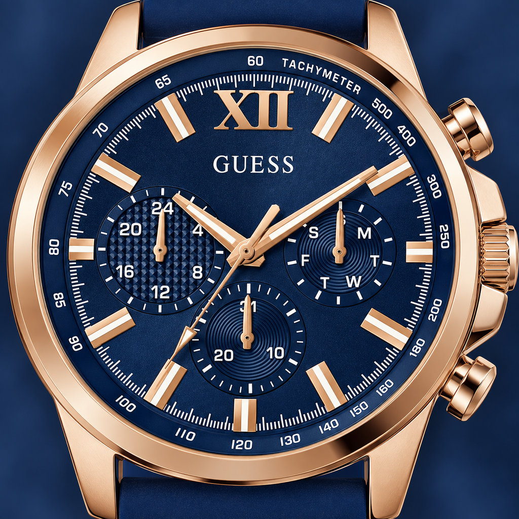 GUESS Mens Blue Rose Gold Tone Multi-function Watch – Phoenix, Blue chrono-look multi-function dial, Blue silicone strap – GW0913G1 – image 3