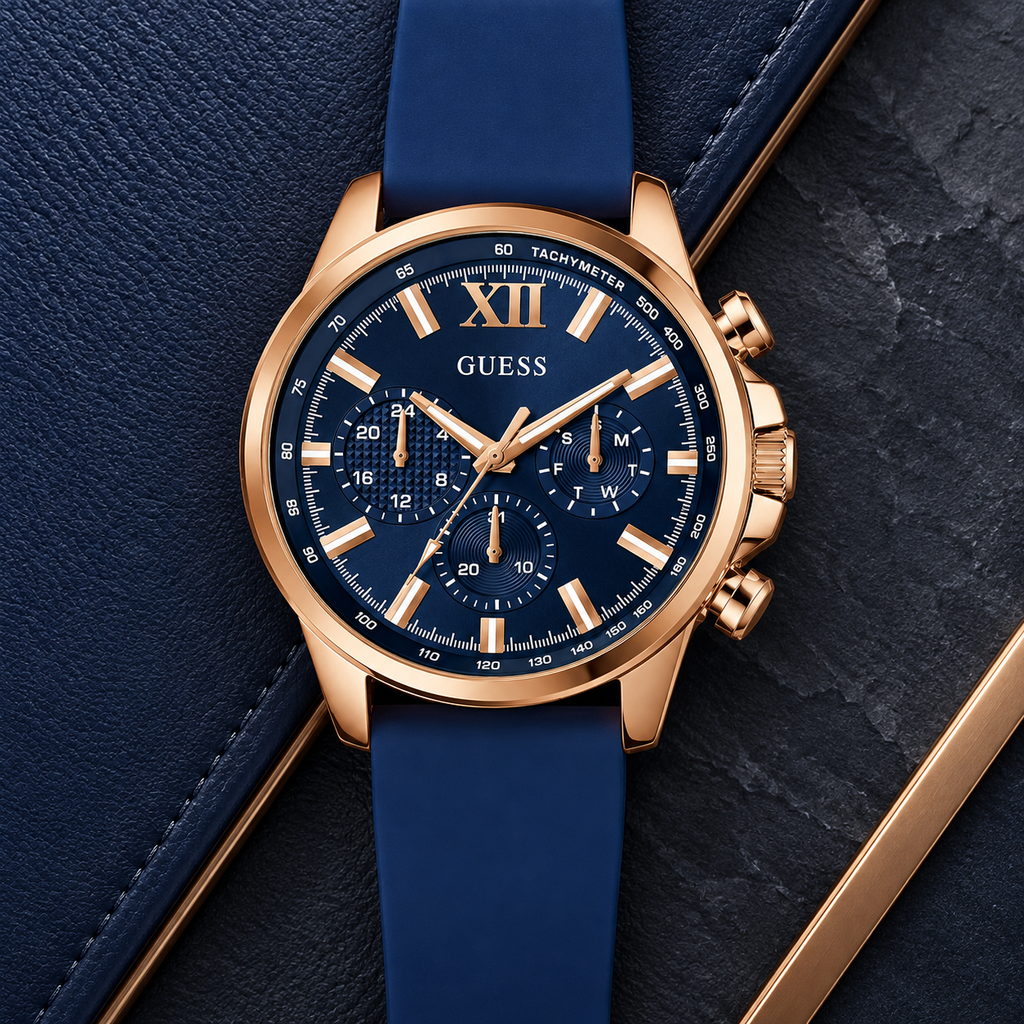 GUESS Mens Blue Rose Gold Tone Multi-function Watch – Phoenix, Blue chrono-look multi-function dial, Blue silicone strap – GW0913G1 – image 4