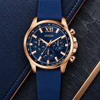 GUESS Mens Blue Rose Gold Tone Multi-function Watch – Phoenix, Blue chrono-look multi-function dial, Blue silicone strap – GW0913G1 – image 4