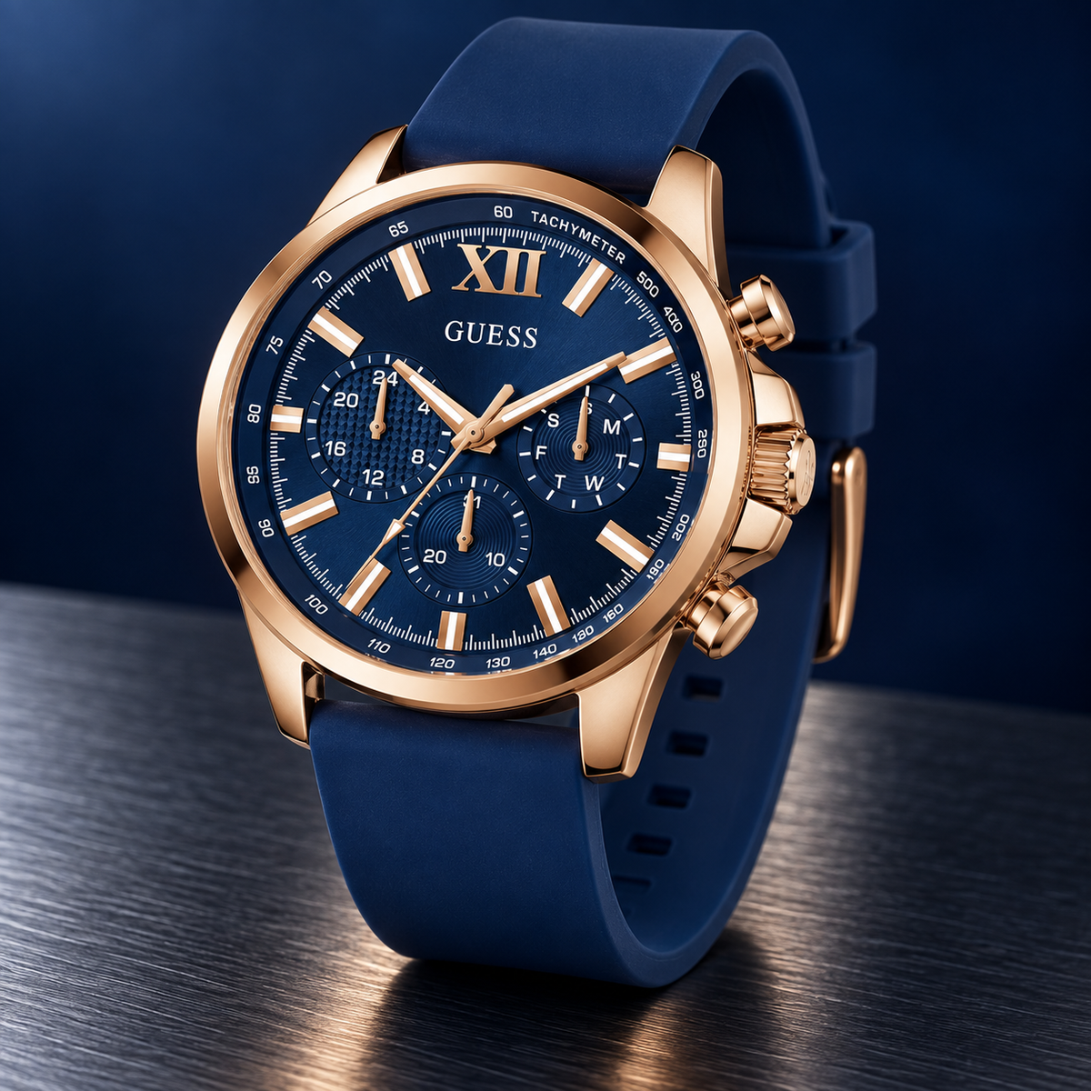 GUESS Mens Blue Rose Gold Tone Multi-function Watch – Phoenix, Blue chrono-look multi-function dial, Blue silicone strap – GW0913G1 – image 5