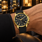 GUESS Mens Black Gold Tone Multi-function Watch – Phoenix, Black chrono-look multi-function dial, Black silicone strap – GW0913G2 – image 1