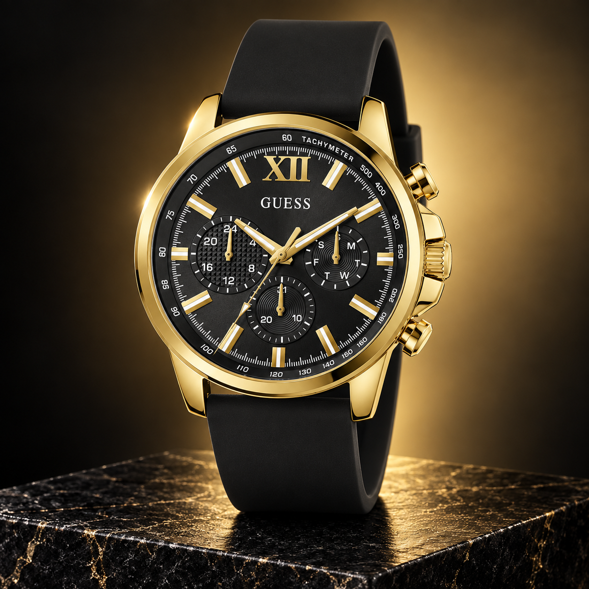 GUESS Mens Black Gold Tone Multi-function Watch – Phoenix, Black chrono-look multi-function dial, Black silicone strap – GW0913G2 – image 2