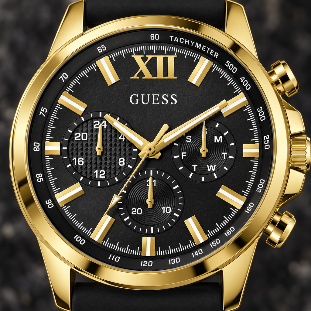 GUESS Mens Black Gold Tone Multi-function Watch – Phoenix, Black chrono-look multi-function dial, Black silicone strap – GW0913G2 – image 3