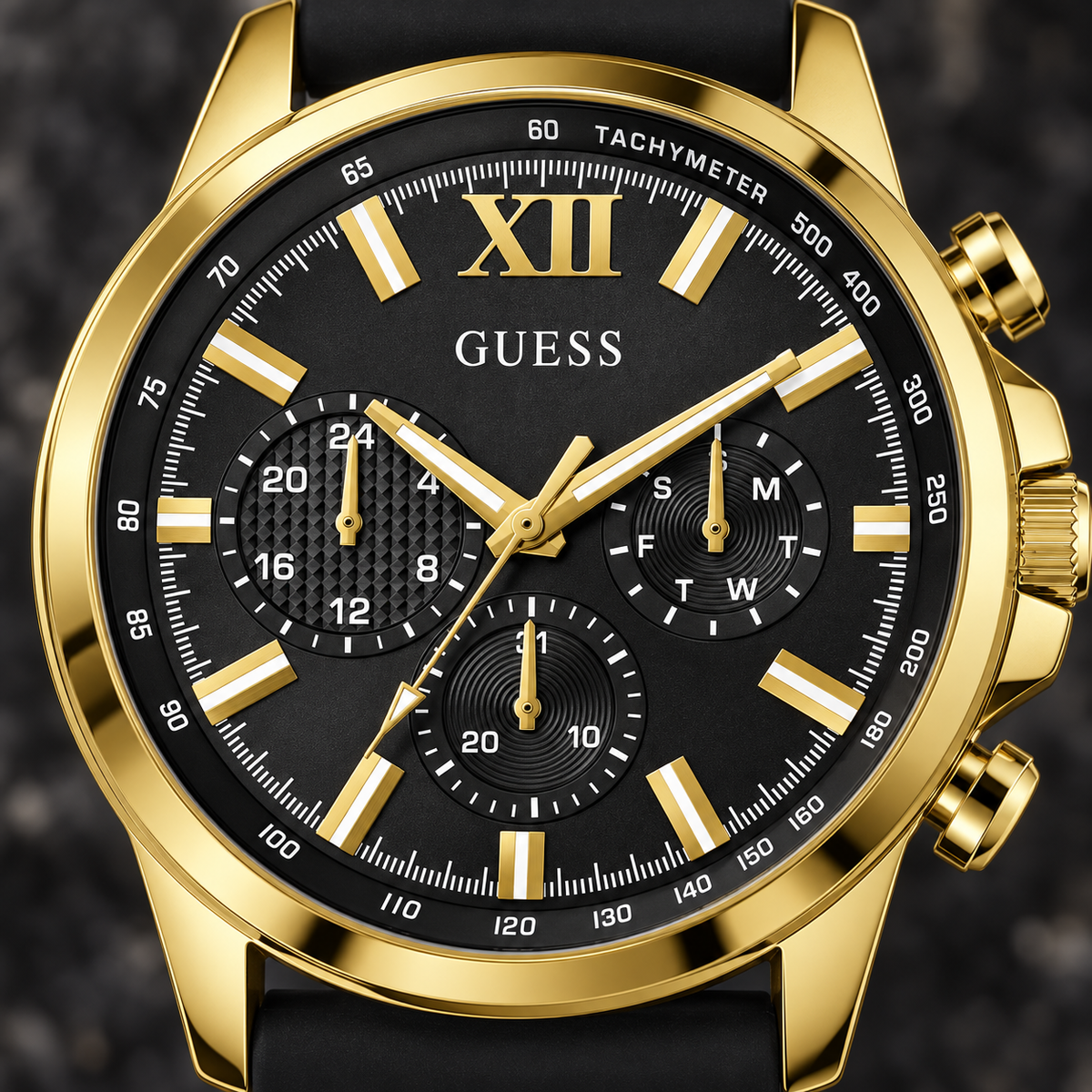 GUESS Mens Black Gold Tone Multi-function Watch – Phoenix, Black chrono-look multi-function dial, Black silicone strap – GW0913G2 – image 3