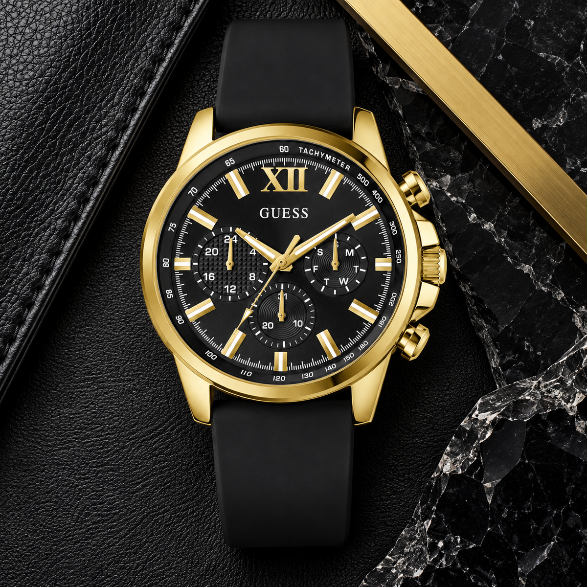 GUESS Mens Black Gold Tone Multi-function Watch – Phoenix, Black chrono-look multi-function dial, Black silicone strap – GW0913G2 – image 4
