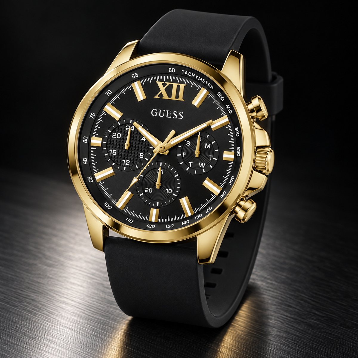 GUESS Mens Black Gold Tone Multi-function Watch – Phoenix, Black chrono-look multi-function dial, Black silicone strap – GW0913G2 – image 5