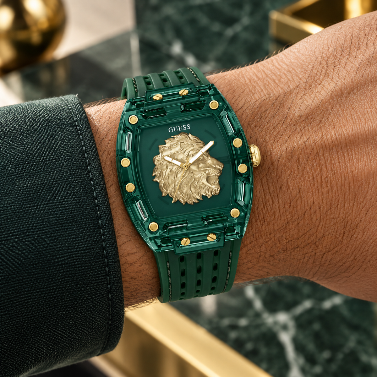 GUESS Mens Venix Green Analog Watch – Venix, Transparent green dial with sculpted gold-tone lion motif, Milky transparent green silicone strap, 43 x 42 mm – GW0959G2 – image 1