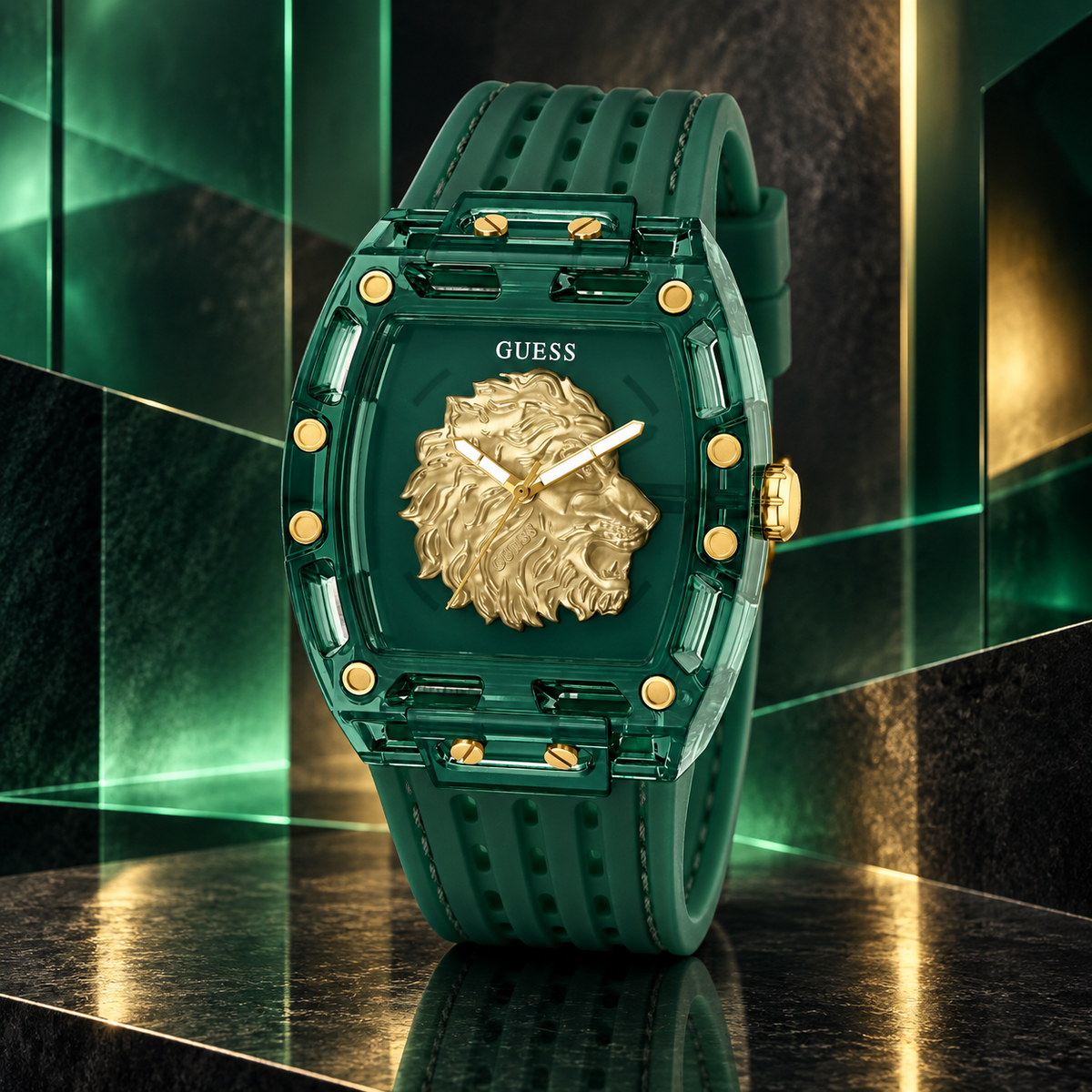 GUESS Mens Venix Green Analog Watch – Venix, Transparent green dial with sculpted gold-tone lion motif, Milky transparent green silicone strap, 43 x 42 mm – GW0959G2 – image 2