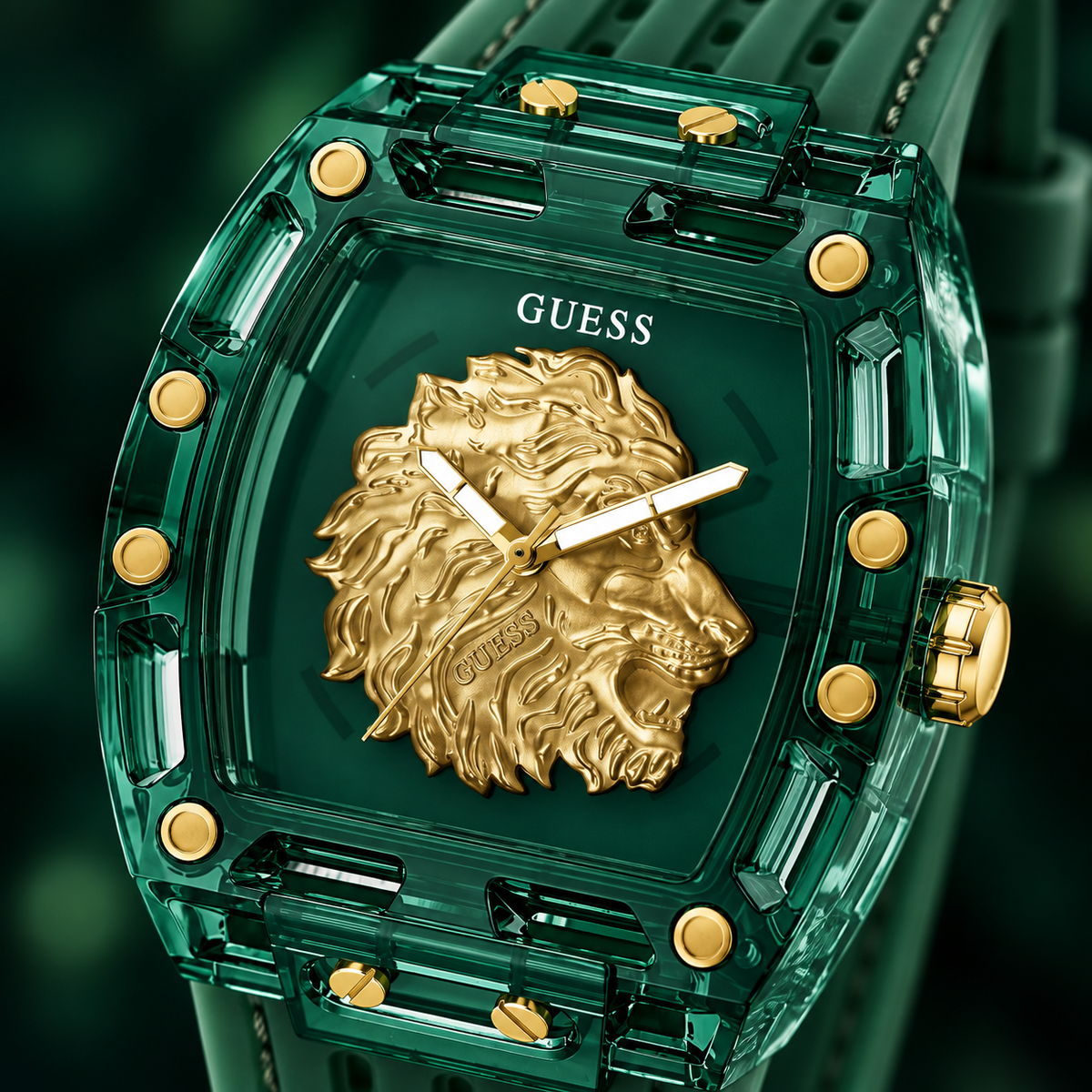 GUESS Mens Venix Green Analog Watch – Venix, Transparent green dial with sculpted gold-tone lion motif, Milky transparent green silicone strap, 43 x 42 mm – GW0959G2 – image 3