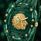 GUESS Mens Venix Green Analog Watch – Venix, Transparent green dial with sculpted gold-tone lion motif, Milky transparent green silicone strap, 43 x 42 mm – GW0959G2 – image 3