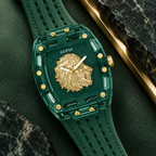 GUESS Mens Venix Green Analog Watch – Venix, Transparent green dial with sculpted gold-tone lion motif, Milky transparent green silicone strap, 43 x 42 mm – GW0959G2 – image 4