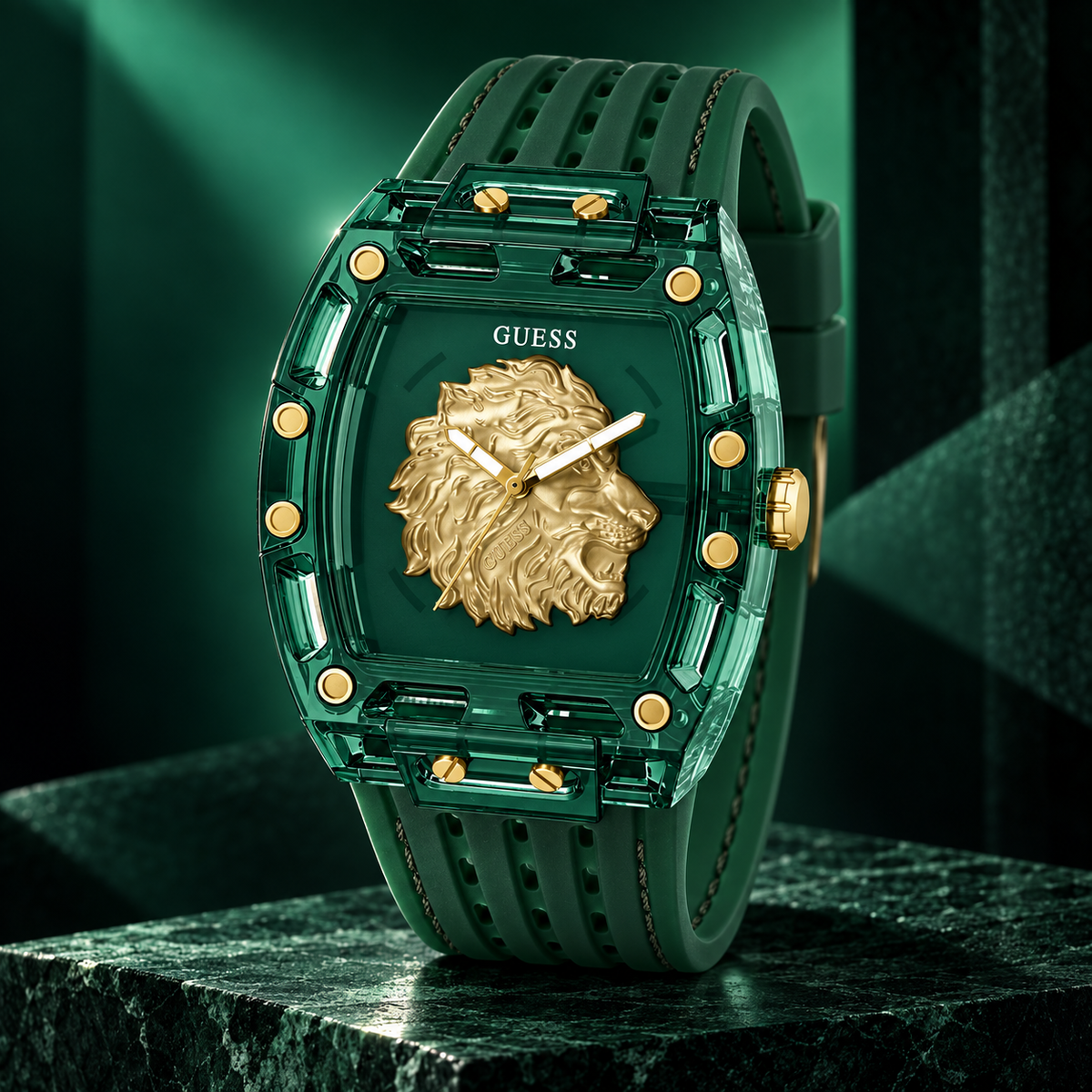 GUESS Mens Venix Green Analog Watch – Venix, Transparent green dial with sculpted gold-tone lion motif, Milky transparent green silicone strap, 43 x 42 mm – GW0959G2 – image 5
