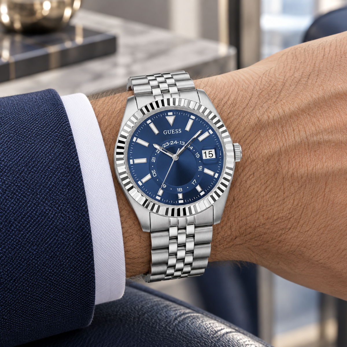 GUESS Mens Jaden Silver Tone Multi-function Date Watch – Jaden, Blue sunray dial with date window and 24-hour subdial, Silver-tone jubilee-style stainless-steel bracelet, 42 mm – GW0977G1 – image 1